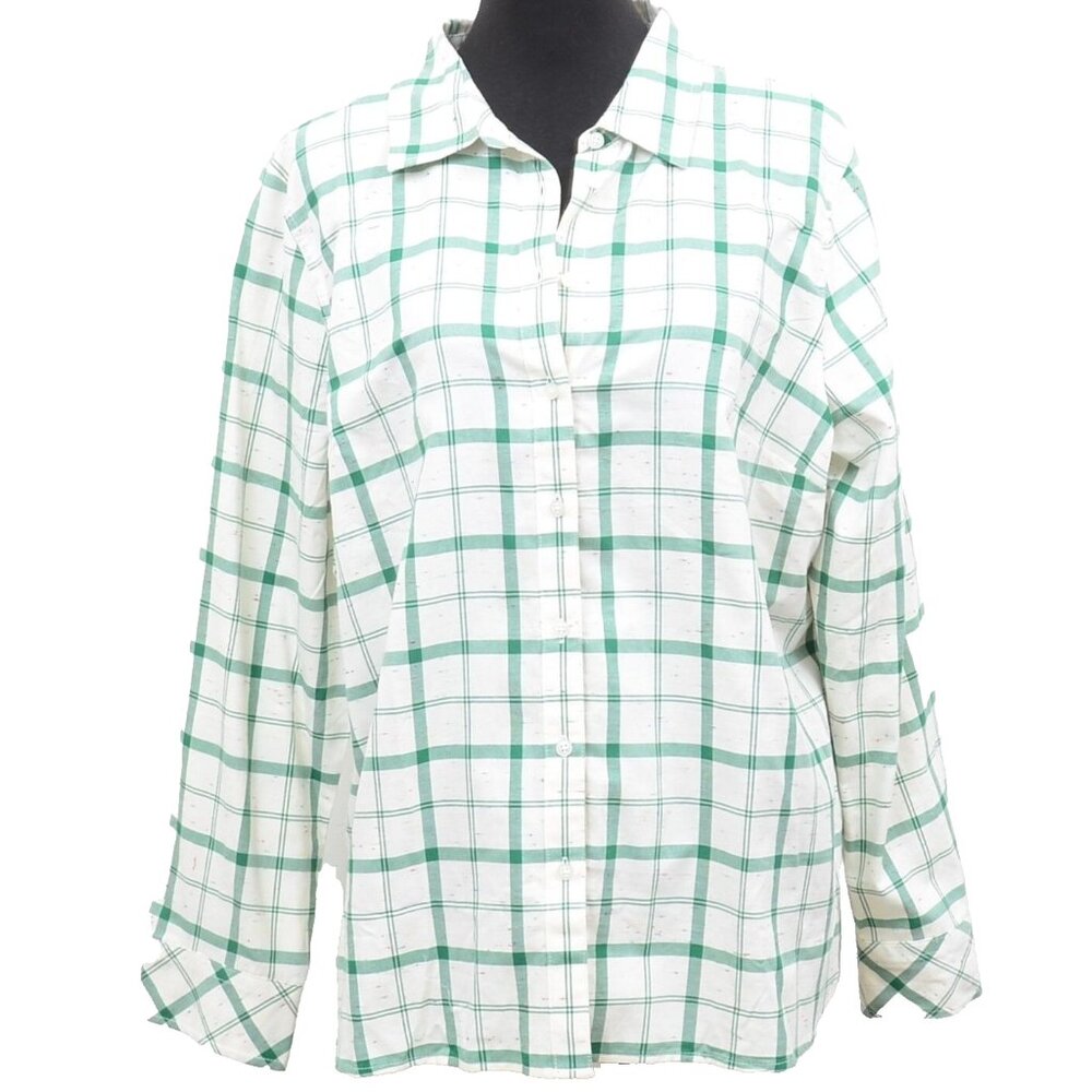 Talbots Green Plaid Check Specks‎ Long Sleeve Shirt Blouse Women's XL Petite